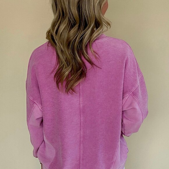 Bright Pink Solid Color Notched Neck Drop Shoulder Sweatshirt - Picture 2 of 11
